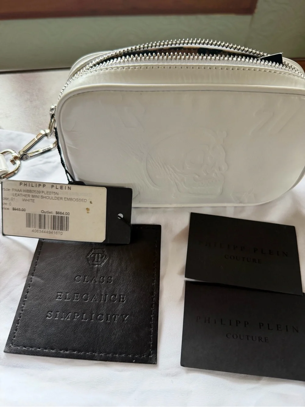 Philipp Plein White Leather Embossed Skull Wristlet NWT Crystal Strap